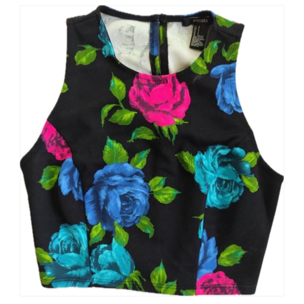 🆕 Black Crop Top w/ Bright Colored Flowers (w/ Tags)